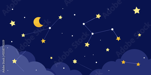 Seamless dark blue vector pattern of a winter night sky with stars and moon