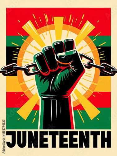 A symbol of freedom, a black fist is raised against a background of bright sun rays and striking colors to commemorate Juneteenth. The artwork highlights resilience and liberation