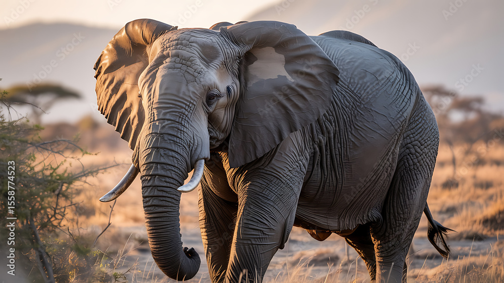 Fototapeta premium Large elephant, serene, walking through savanna. 