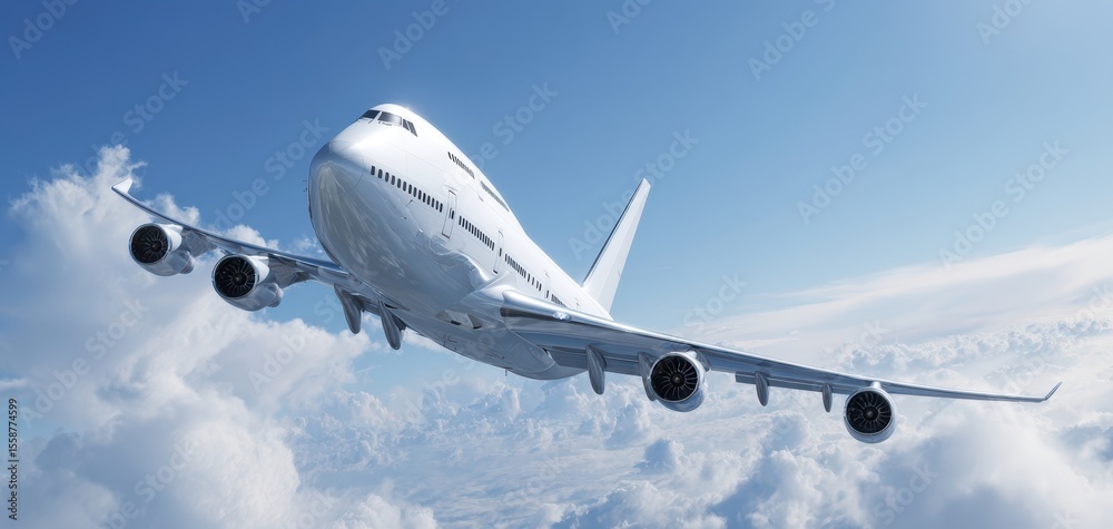 Obraz premium The airplane soaring majestically through a bright blue sky above fluffy clouds.