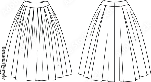  Women's Accordion Pleated Full Midi Skirt with Back Closure Flat Fashion Sketch Template - Elegant Apparel Design