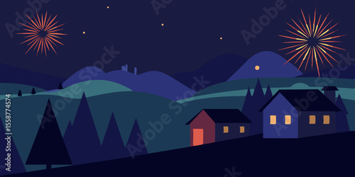 Vector silhouette of a city at night with new year eve fireworks illuminating the dark sky over houses and buildings