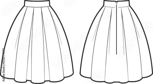 Women's Flared Pleated Midi Skirt Flat Fashion Sketch Template - Classic and Elegant Bottoms Apparel Design Illustration
