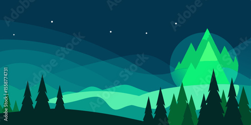 A vector illustration of a dark winter night forest landscape with snow-covered mountains, trees, and a blue sky with a moon and stars