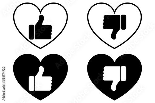Thumbs up and thumbs down icons set in black with heart shape.. Like and dislike vector collection on white background.