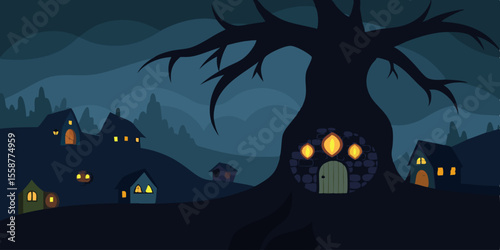 Enchanted Village at Night Mysterious Tree House in a Dark Fantasy Setting