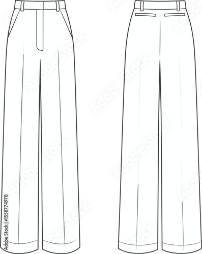  Women's Wide Leg Trousers with Pleats and Pockets Flat Fashion Sketch Template - Elegant Bottoms Apparel Design