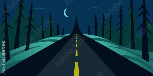 Night Drive Through Snowy Forest A Serene Journey Under the Crescent Moon