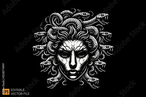 medusa head dark horror art illustration design black and white backgroud templates
