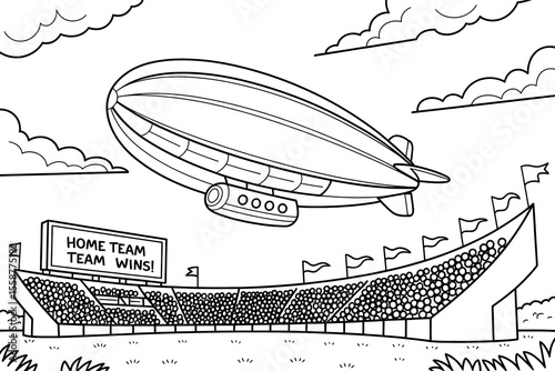 A blimp flies over a stadium filled with cheering fans. Victory celebration.
