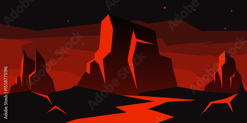 Infernal Landscape A Crimson-hued Rock Formation Under a Starry Night