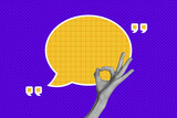 Full 3d poster art collage of human hand show okay gesture approval deal feedback bubble communication icon phrase dialogue