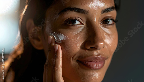 Young hispanic female applying moisturizer to face in skincare routine