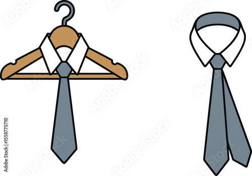 Blue Necktie with Shirt Collar on Hanger and Tied Necktie Illustration - Formal Men's Apparel and Accessory Set