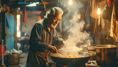 Elderly asian male cooking in rustic market stall kitchen with warm lighting
