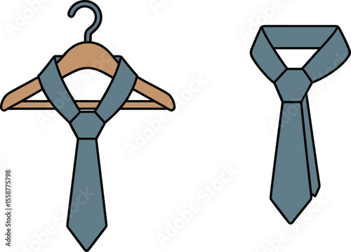 Blue Necktie on Wooden Hanger and Tied Isolated on White Background - Formal Men's Fashion Accessory Illustration