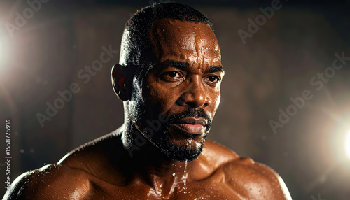 Determined african male athlete in a sweaty portrait with intense focus
