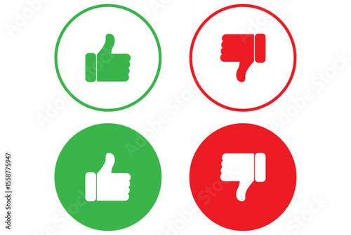 Thumbs up in green and thumbs down in red icons set with circle shape. Like and dislike vector collection on white background.