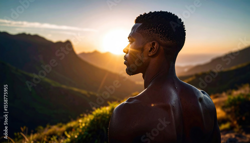 African male gazing at mountain sunset scenic view