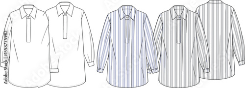 Women's Striped and Solid Popover Blouse Shirt Flat Fashion Sketch Templates - Long Sleeve Tunic Top Apparel Design