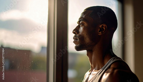 Contemplative african male adult looking out window in natural light