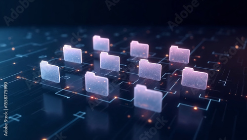 Glowing 3D Virtual File Storage Grid with Connected Data Flow