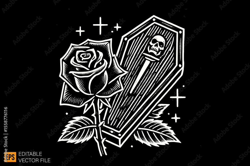Fototapeta premium a funerary box coffins dark horror art illustration design black and white backgroud templates