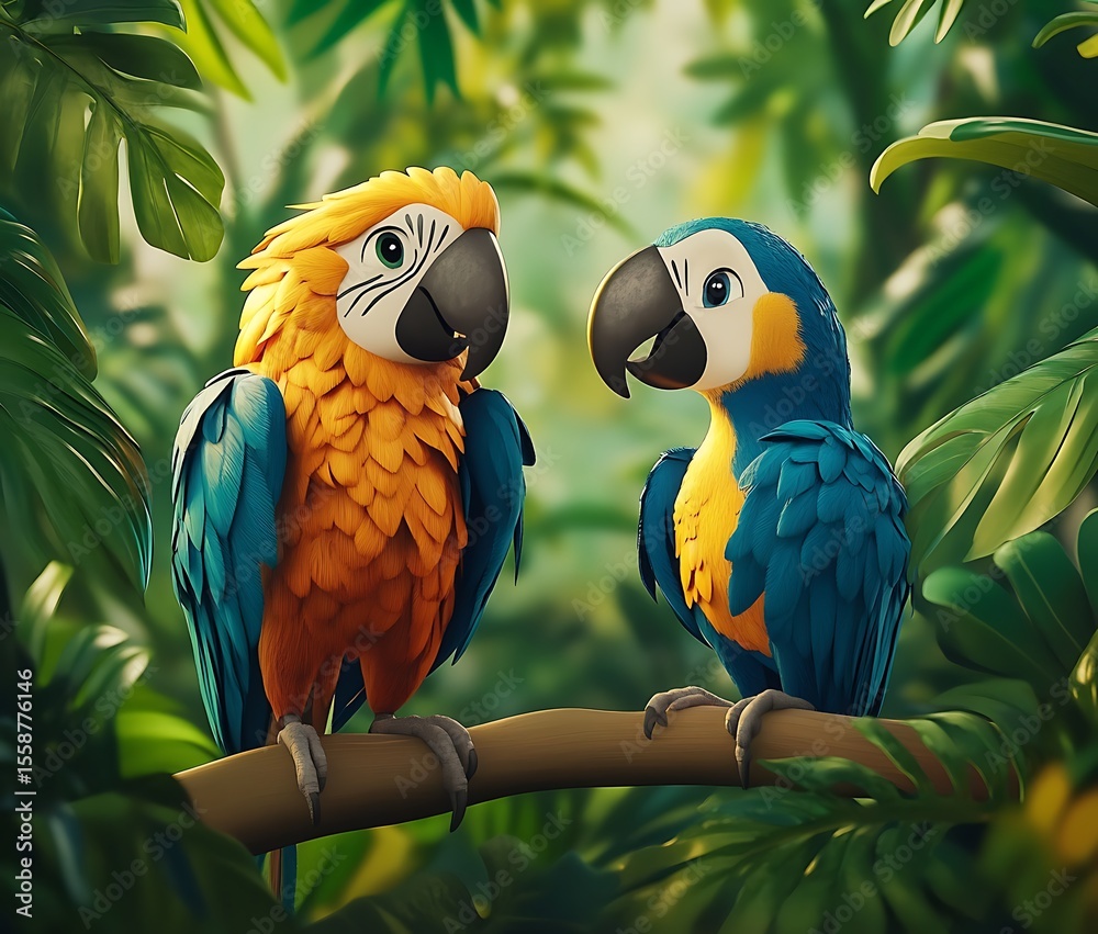 Fototapeta premium A cartoon jungle background with a tropical rainforest theme, featuring lush green foliage and exotic birds