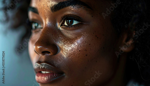 Close up of pensive young african female with freckles and curly hair