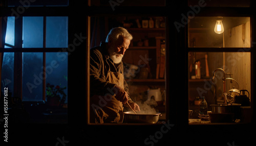 Elderly caucasian male cooking at night in cozy kitchen with warm light