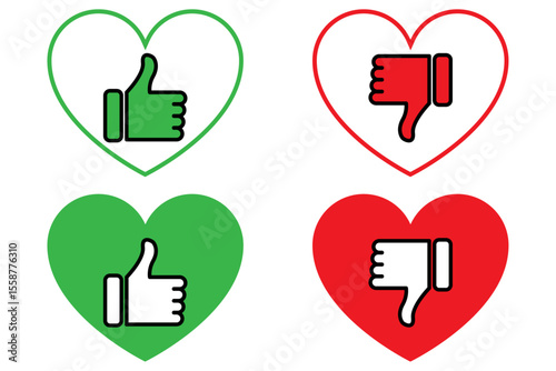 Thumbs up in green and thumbs down in red icons set with heart shape. Like and dislike vector collection on white background.