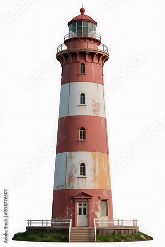 Tall lighthouse, red and white stripes, weathered appearance.
