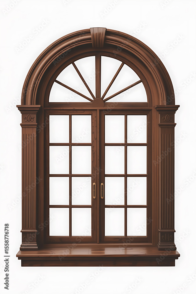 Obraz premium Ornate wooden arched window with divided panes. 