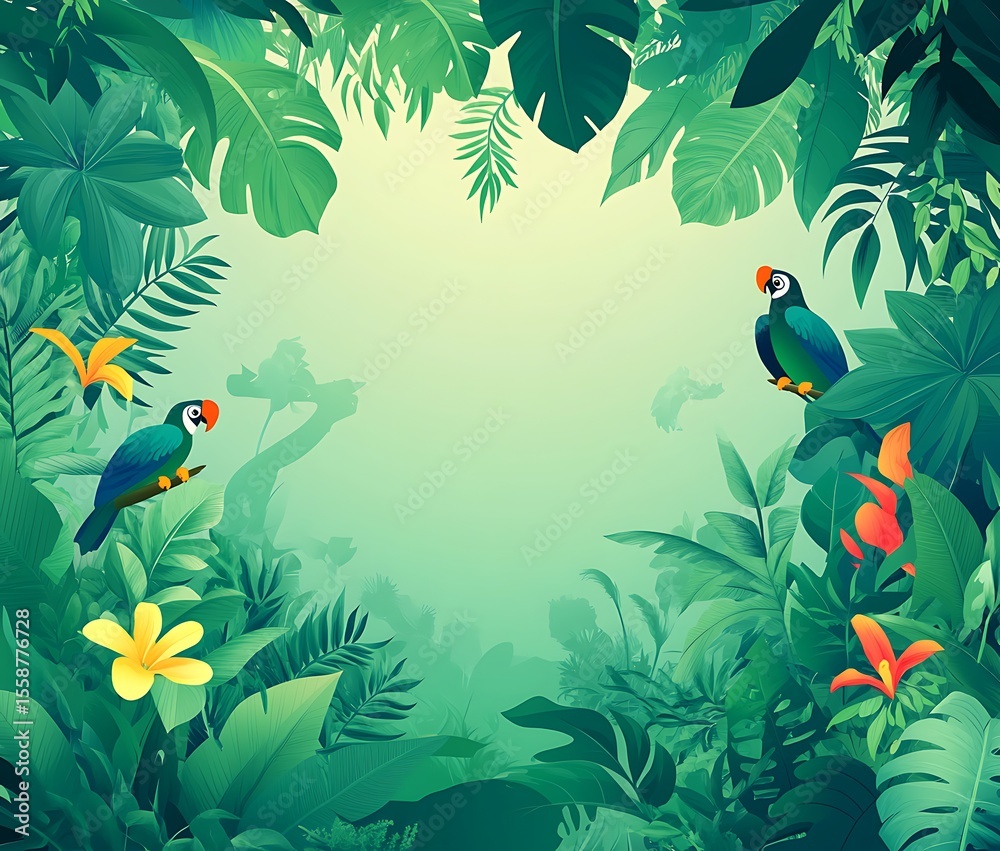 Fototapeta premium A cartoon jungle background with a tropical rainforest theme, featuring lush green foliage and exotic birds