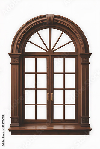 Ornate wooden arched window with divided panes.

