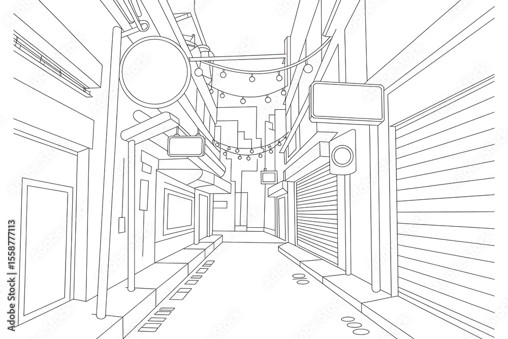 Fototapeta premium A narrow alleyway, lined with shops and signage. 