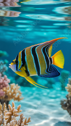 Yellow and black angelfish swims near coral reef.
