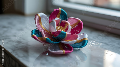 Detailed, multi-colored magnolia flower, intricate design.
