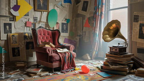 A cluttered room, a vintage chair, and a gramophone; a still life of forgotten stories.
