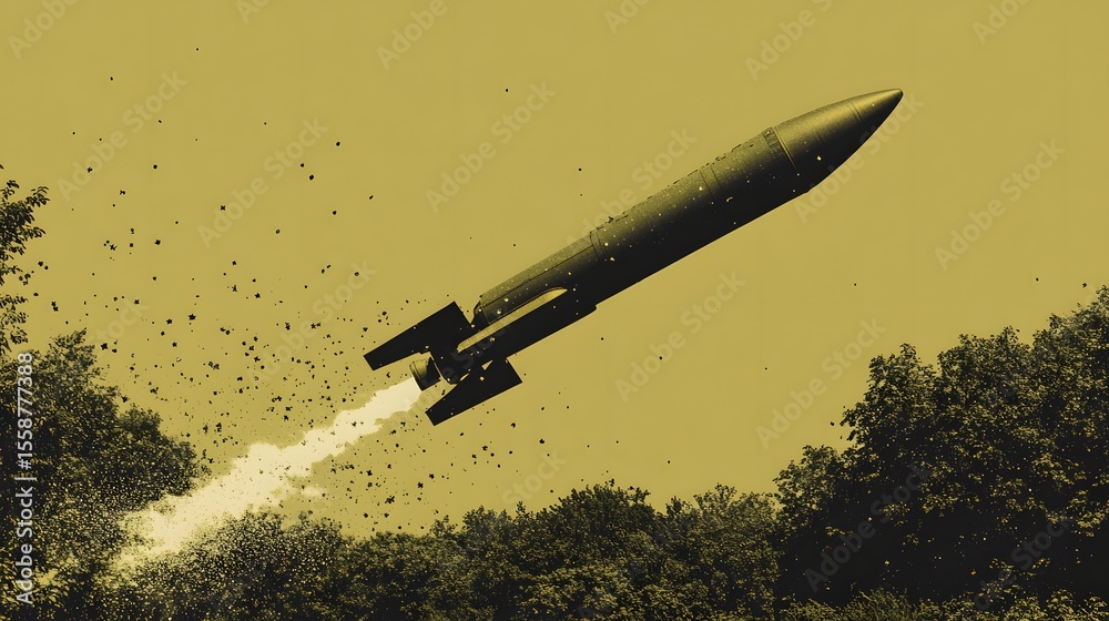 Naklejka premium Missile Launch Over Trees Military Weapon Warfare Rocket
