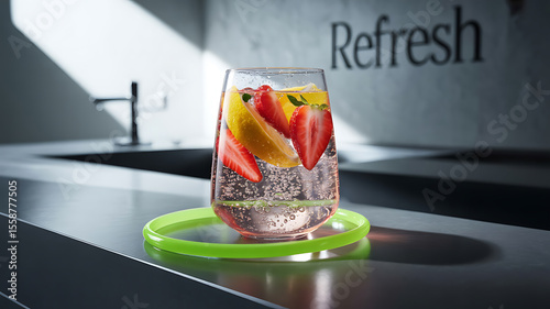 Refreshing drink with fruit, vibrant colors.
