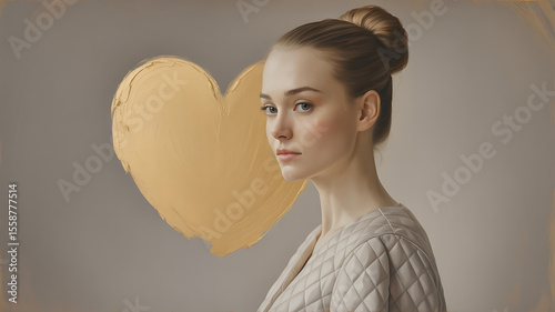 Woman in a light beige jacket, gold heart backdrop. Elegant, serene portrait.
