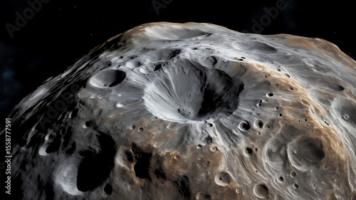Asteroid surface, craters, and texture in space.
