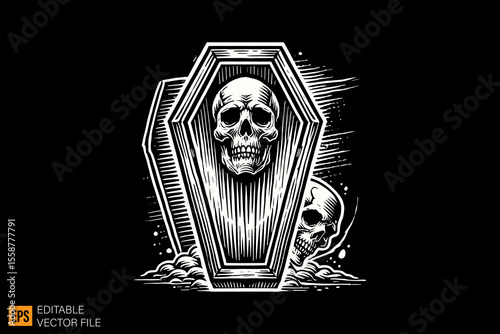 a funerary box coffins dark horror art illustration design black and white backgroud templates