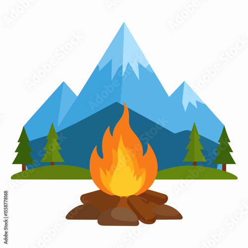 A campfire burns in front of mountains four trees and grass