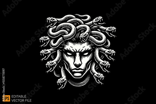 medusa head dark horror art illustration design black and white backgroud templates