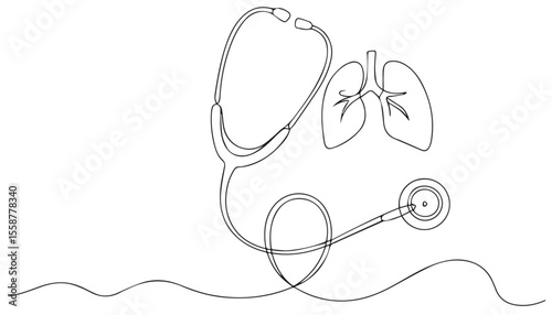 Black and white line drawing of lungs and stethoscope medical healthcare