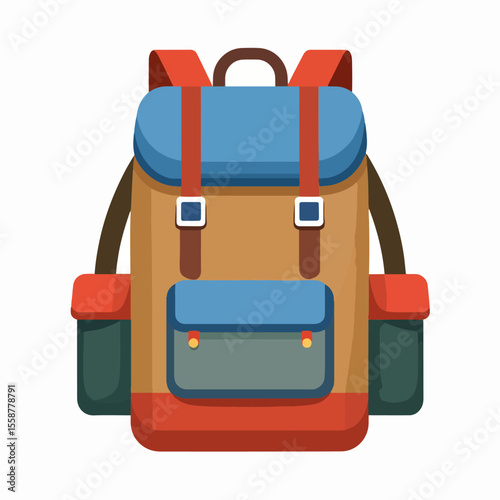 A cartoon backpack with blue top and pocket tan main body red straps and side pockets It also features brown straps