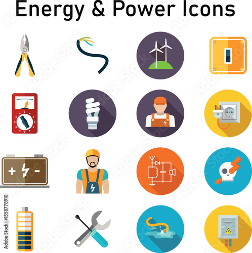 Flat icons representing energy production, electric symbols, eco battery, gas station, solar cell, and plug system

