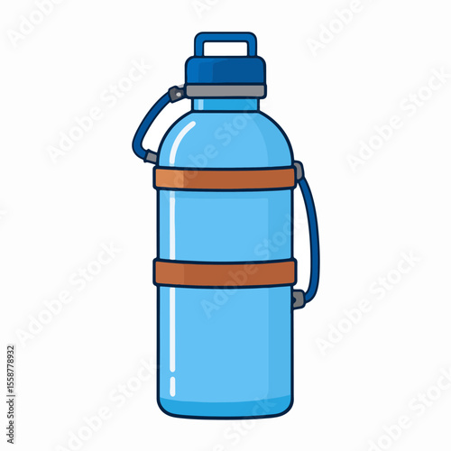 A light blue water bottle with two brown bands and a blue lid and handle against a white background